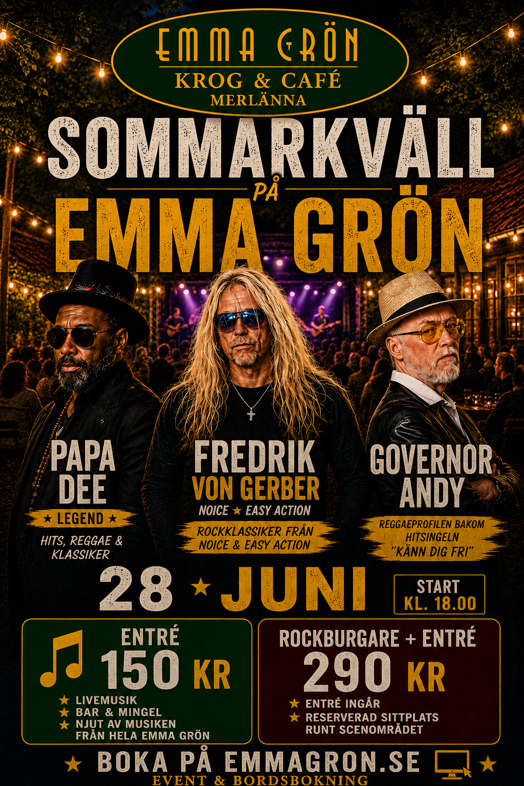 Sommarkväll på Emma Grön (entré + rockburgare)